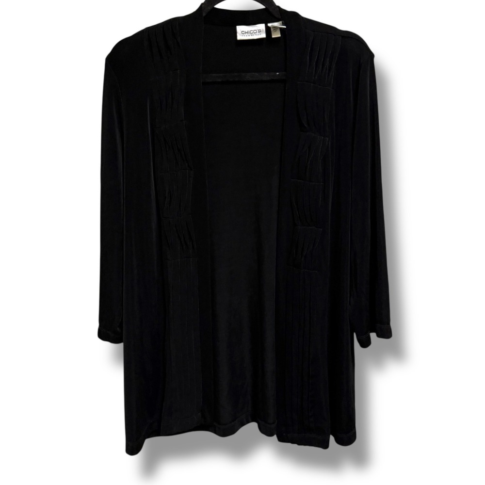 Chicos Travelers Black Open Front Cardigan Pleated Detailโ 2 Large 12 Acetate